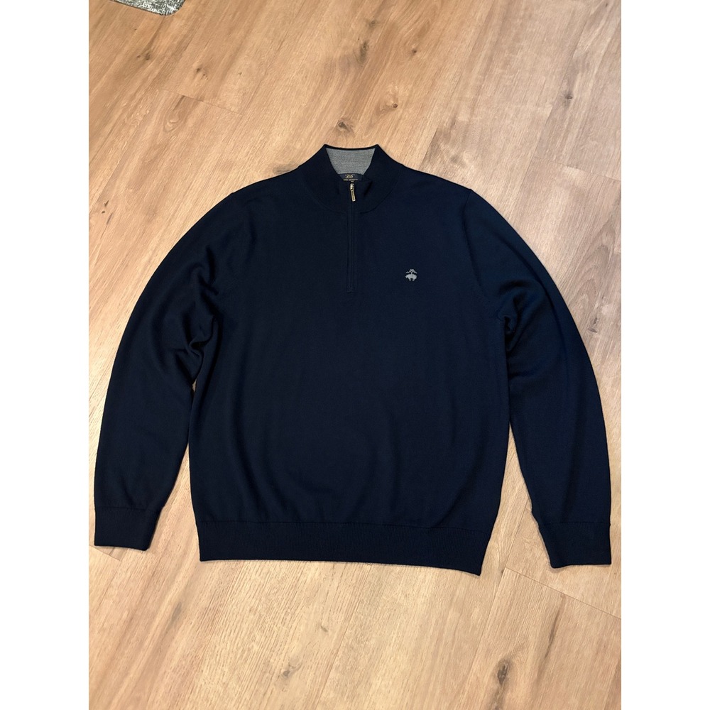 Brooks Brothers 346 Sweater Large Navy Blue Logo Merino Wool Quarter Zip Preppy
